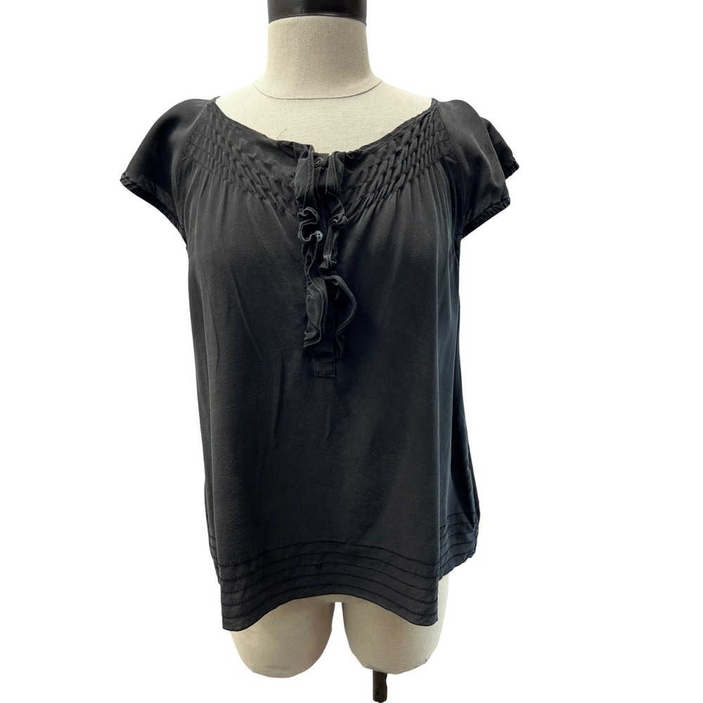 Theory Habibana Blouse‎ Womens L Black Excellent Silk Ruffle Smocked Cap Sleeve